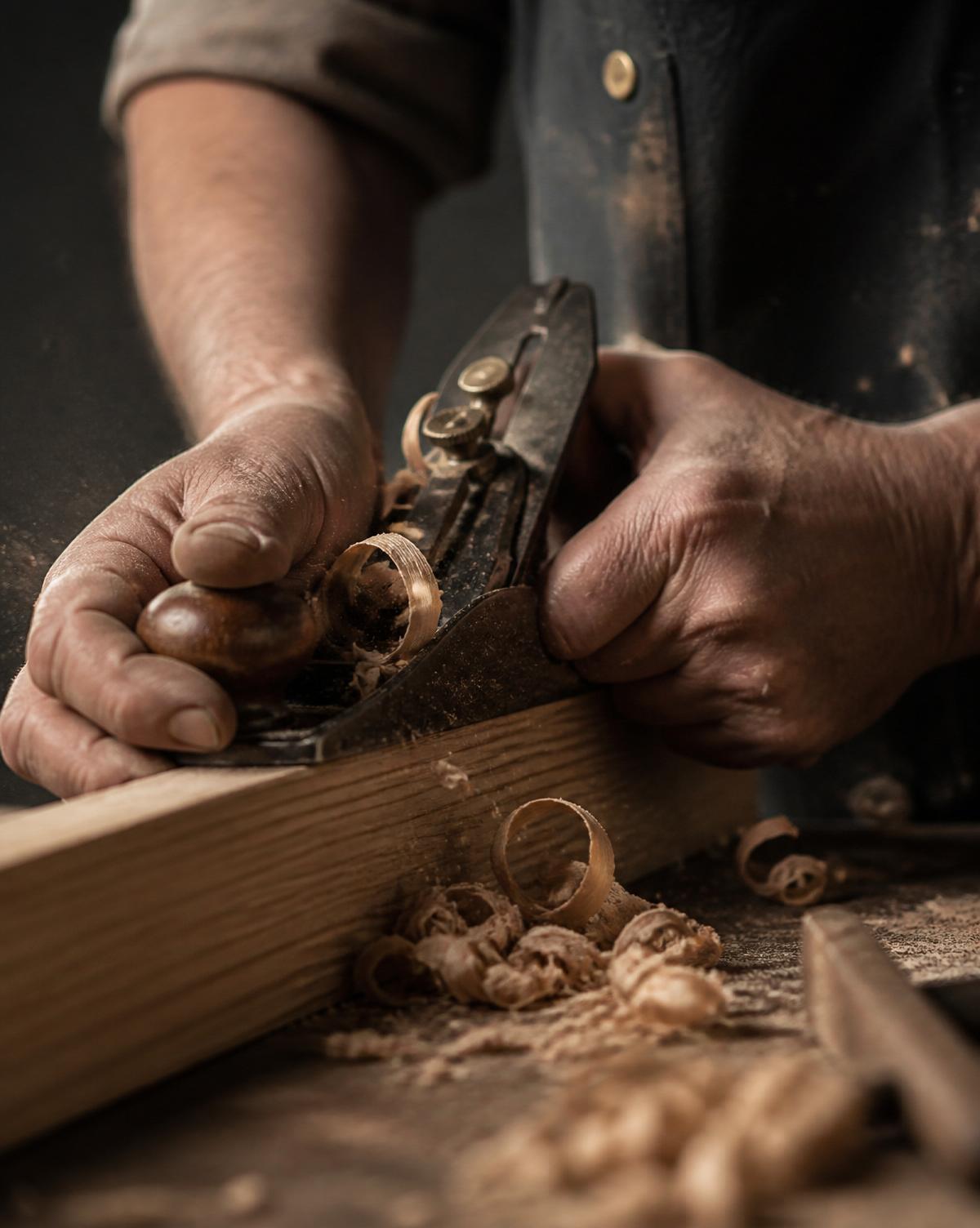 Carpenter's hands planing a hardwood board in warm workshop light