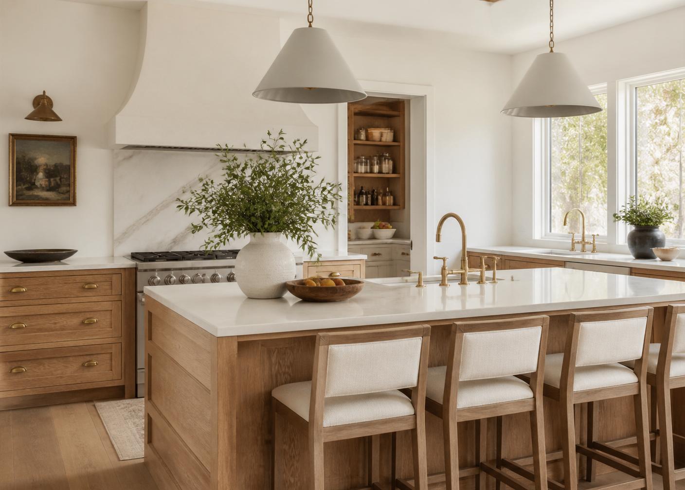 Remodeled farmhouse kitchen with white oak cabinetry and brass fixtures